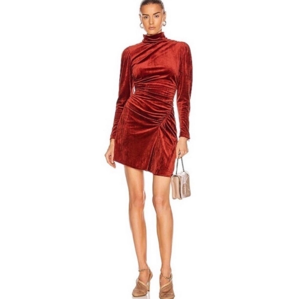 A.l.c. Marcel Ruched Velvet Mini Dress in Sumac Rust Burnt Orange 12 - Picture 3 of 15